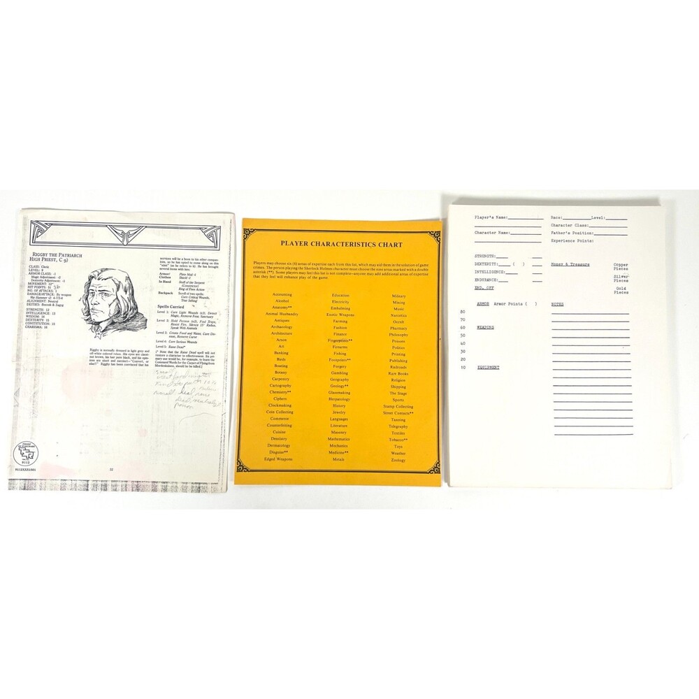 Vtg TSR Dungeons & Dragons Character Sheet Characteristics Chart & Creation Docs